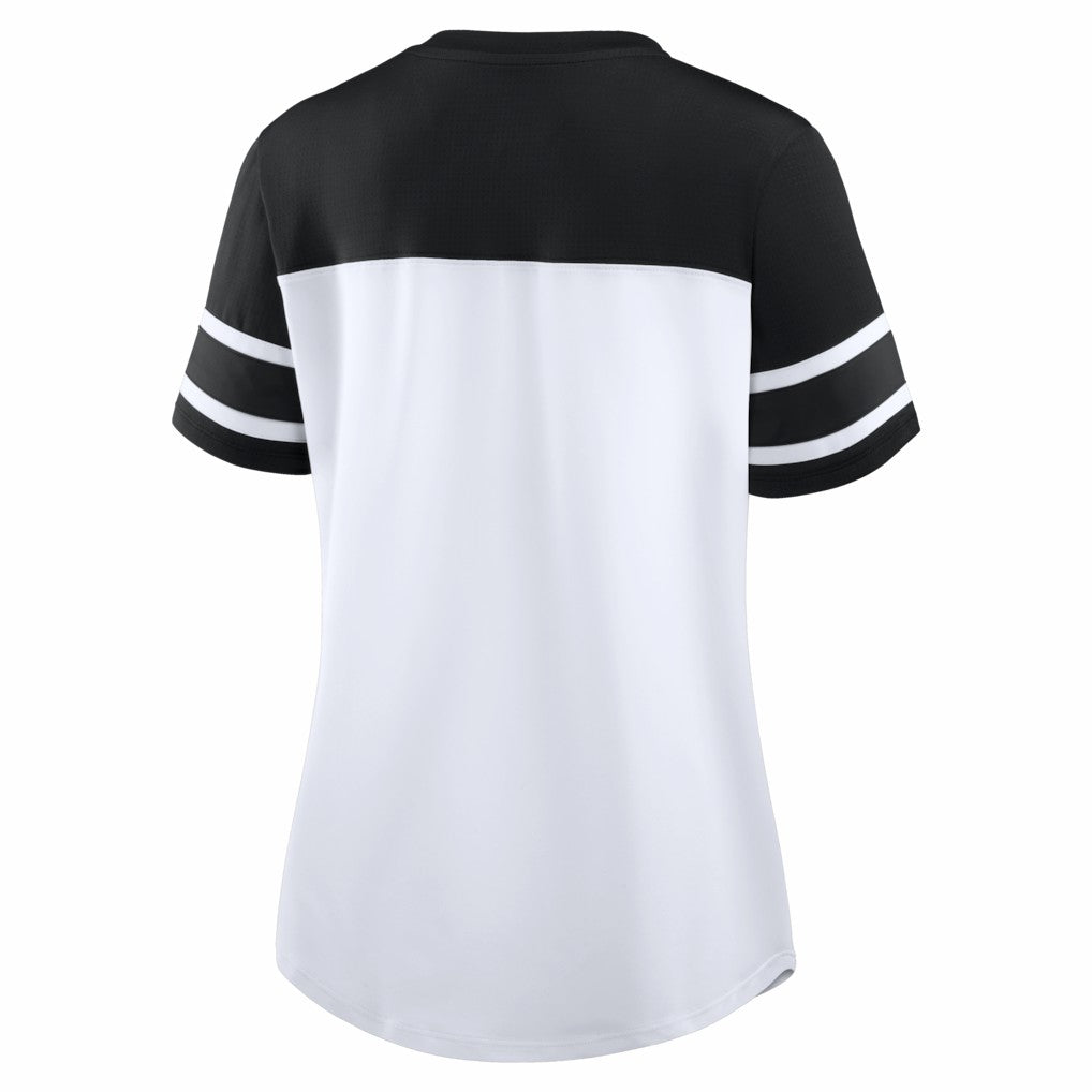 New Orleans Saints Women's Athena Rhinestone Lace-Up V-Neck T-Shirt - White/Black T-shirts