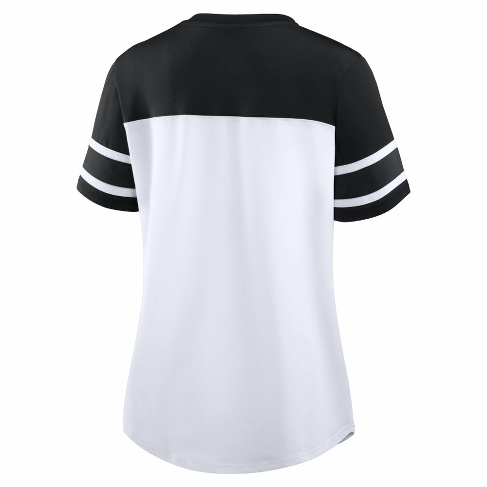 New Orleans Saints Women's Athena Rhinestone Lace-Up V-Neck T-Shirt - White/Black T-shirts