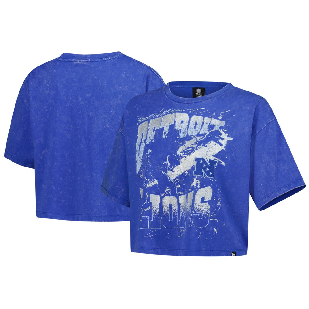 Detroit Lions New Era Women's Cropped Boxy Sport Classics Mineral Wash T-Shirt - Blue T-shirts