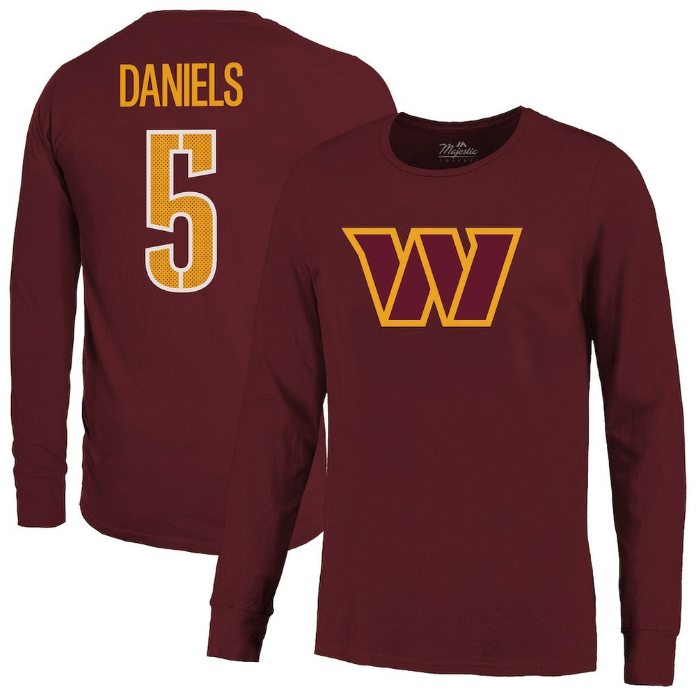 Jayden Daniels Washington Commanders Majestic Threads Name & Number Non-Distressed Long Sleeve T-Shirt - Burgundy T-shirts