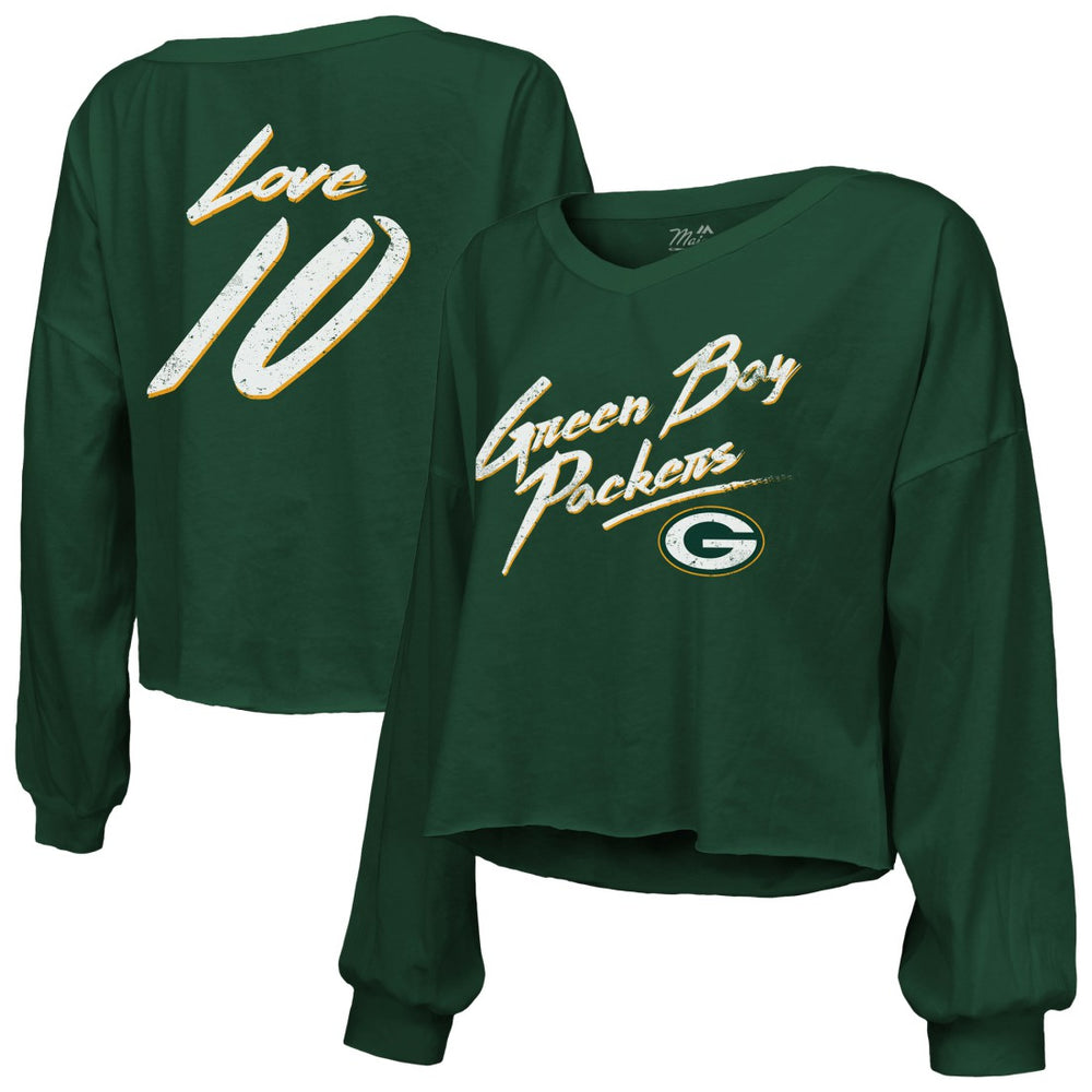 Jordan Love Green Bay Packers Majestic Threads Women's Name & Number Off-Shoulder Script Cropped Long Sleeve Relaxed V-Neck T-Shirt - Green T-shirts
