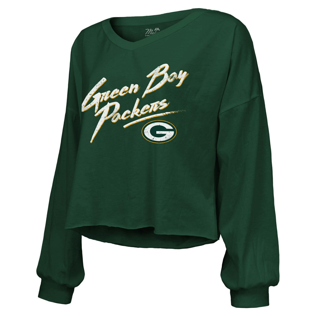 Jordan Love Green Bay Packers Majestic Threads Women's Name & Number Off-Shoulder Script Cropped Long Sleeve Relaxed V-Neck T-Shirt - Green T-shirts