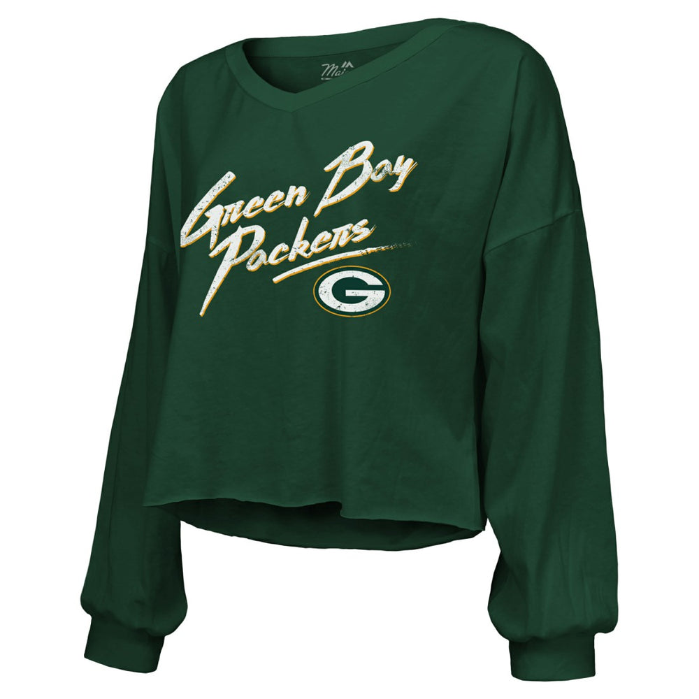 Jordan Love Green Bay Packers Majestic Threads Women's Name & Number Off-Shoulder Script Cropped Long Sleeve Relaxed V-Neck T-Shirt - Green T-shirts