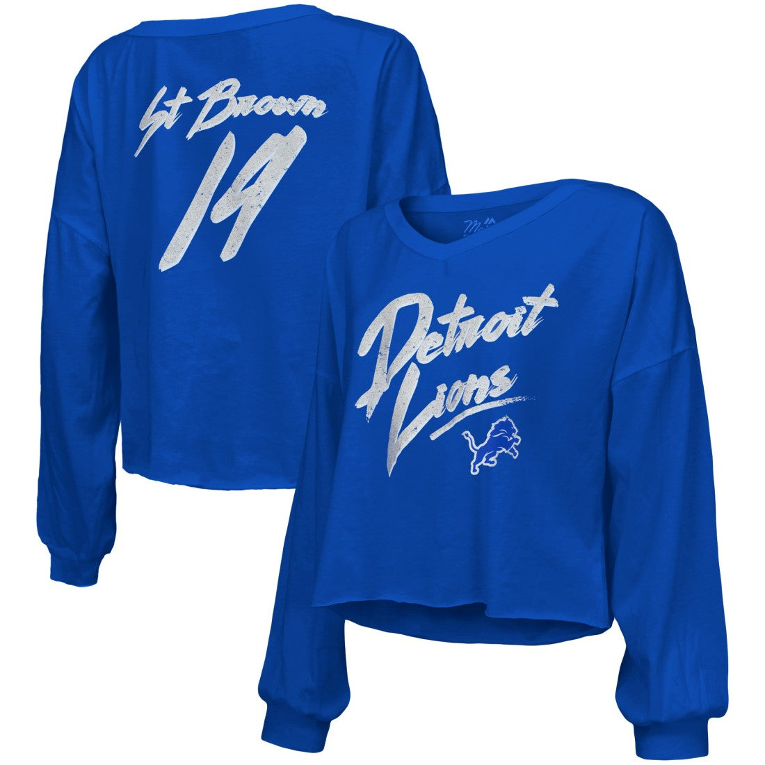 Amon-Ra St. Brown Detroit Lions Majestic Threads Women's Name & Number Off-Shoulder Script Cropped Long Sleeve Relaxed V-Neck T-Shirt - Blue T-shirts