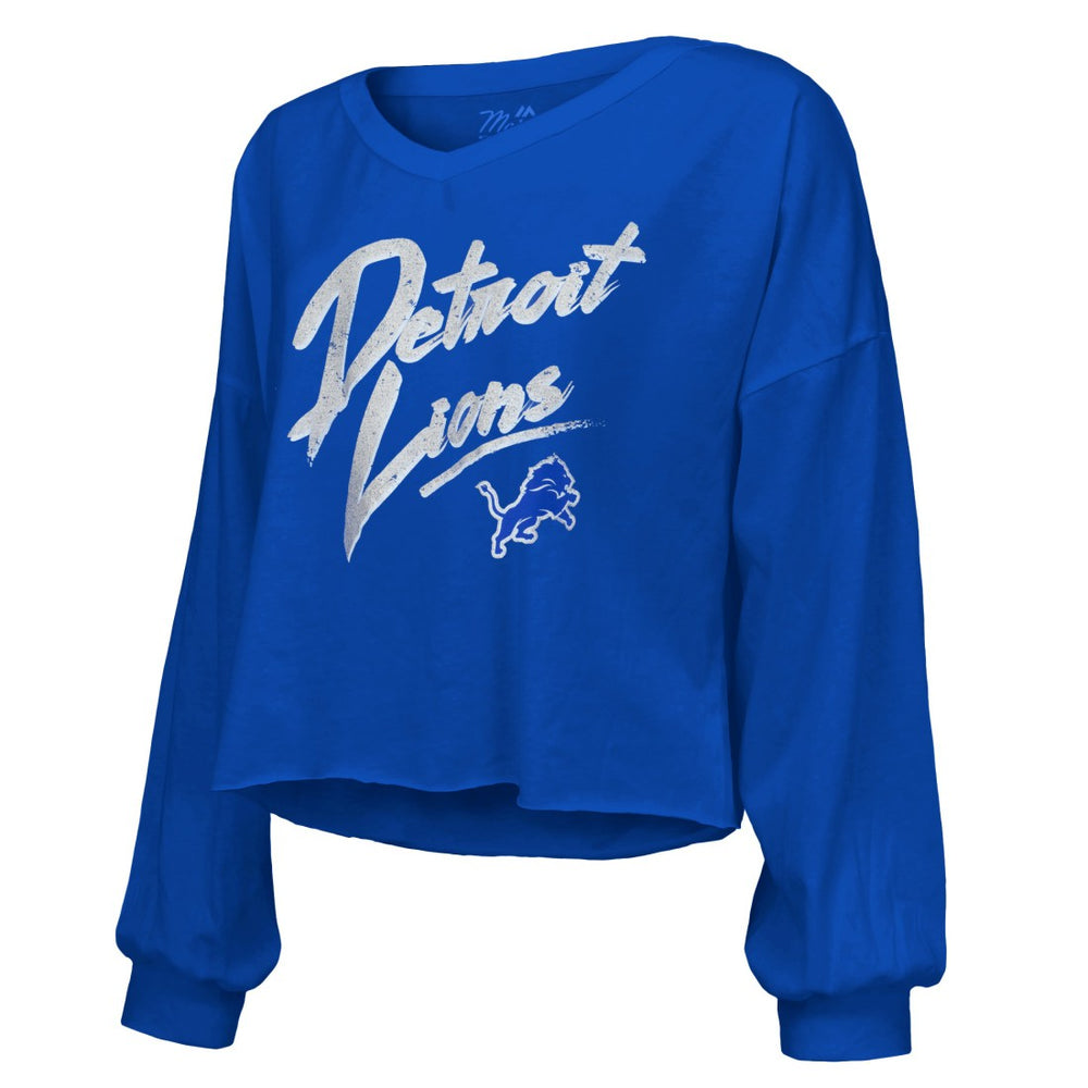 Amon-Ra St. Brown Detroit Lions Majestic Threads Women's Name & Number Off-Shoulder Script Cropped Long Sleeve Relaxed V-Neck T-Shirt - Blue T-shirts