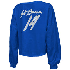 Amon-Ra St. Brown Detroit Lions Majestic Threads Women's Name & Number Off-Shoulder Script Cropped Long Sleeve Relaxed V-Neck T-Shirt - Blue T-shirts