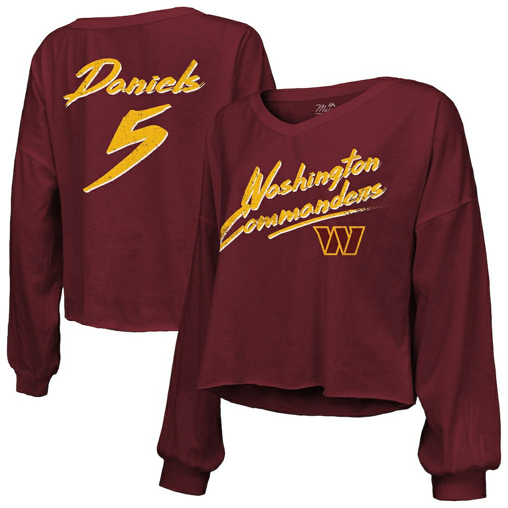 Jayden Daniels Washington Commanders Majestic Threads Women's Name & Number Off-Shoulder Script Cropped Long Sleeve Relaxed V-Neck T-Shirt - Burgundy T-shirts