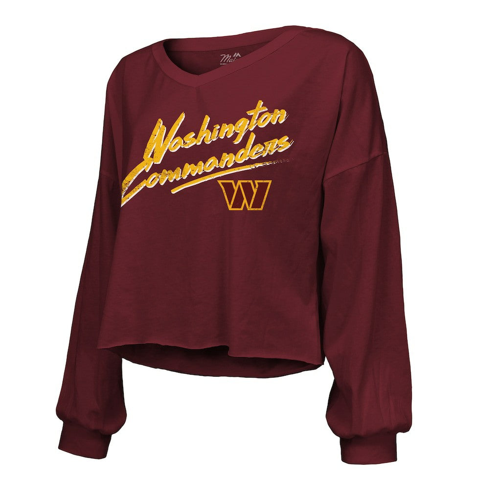 Jayden Daniels Washington Commanders Majestic Threads Women's Name & Number Off-Shoulder Script Cropped Long Sleeve Relaxed V-Neck T-Shirt - Burgundy T-shirts