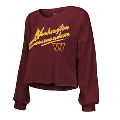 Jayden Daniels Washington Commanders Majestic Threads Women's Name & Number Off-Shoulder Script Cropped Long Sleeve Relaxed V-Neck T-Shirt - Burgundy T-shirts
