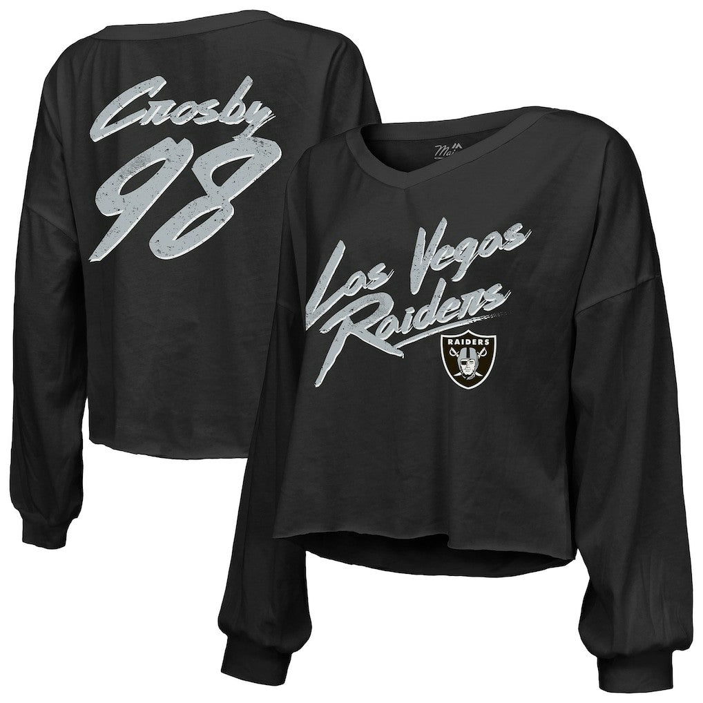 Maxx Crosby Las Vegas Raiders Majestic Threads Women's Name & Number Off-Shoulder Script Cropped Long Sleeve Relaxed V-Neck T-Shirt - Black T-shirts