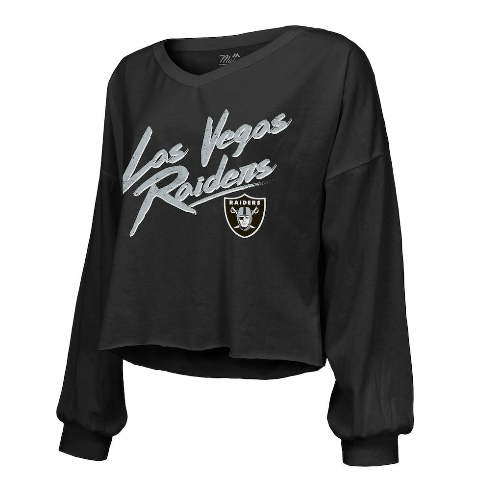 Maxx Crosby Las Vegas Raiders Majestic Threads Women's Name & Number Off-Shoulder Script Cropped Long Sleeve Relaxed V-Neck T-Shirt - Black T-shirts
