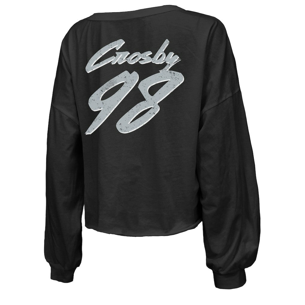 Maxx Crosby Las Vegas Raiders Majestic Threads Women's Name & Number Off-Shoulder Script Cropped Long Sleeve Relaxed V-Neck T-Shirt - Black T-shirts
