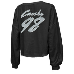 Maxx Crosby Las Vegas Raiders Majestic Threads Women's Name & Number Off-Shoulder Script Cropped Long Sleeve Relaxed V-Neck T-Shirt - Black T-shirts
