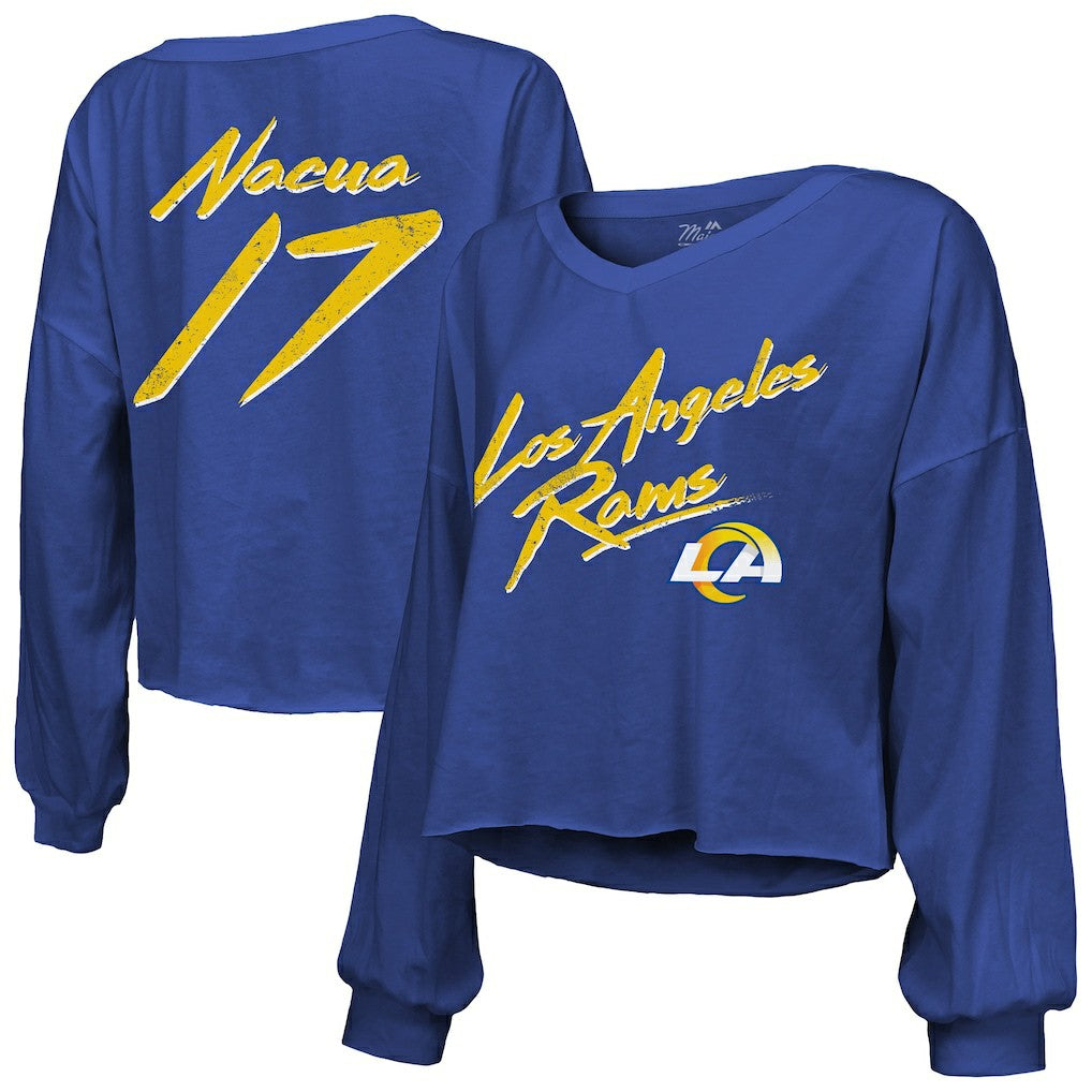 Puka Nacua Los Angeles Rams Majestic Threads Women's Off-Shoulder Script Player Name & Number Cropped Long Sleeve V-Neck T-Shirt - Royal T-shirts