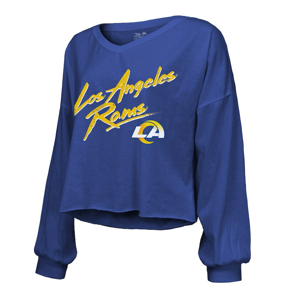Puka Nacua Los Angeles Rams Majestic Threads Women's Off-Shoulder Script Player Name & Number Cropped Long Sleeve V-Neck T-Shirt - Royal T-shirts