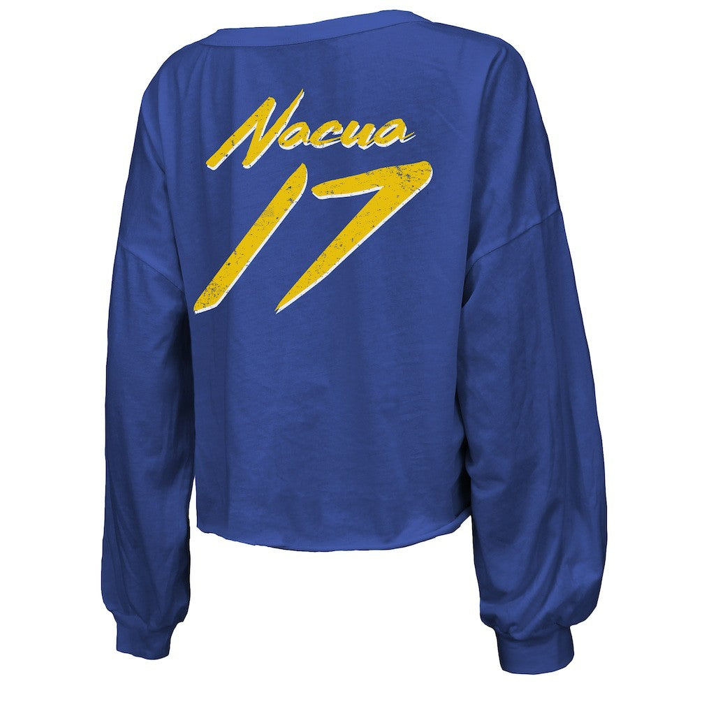 Puka Nacua Los Angeles Rams Majestic Threads Women's Off-Shoulder Script Player Name & Number Cropped Long Sleeve V-Neck T-Shirt - Royal T-shirts