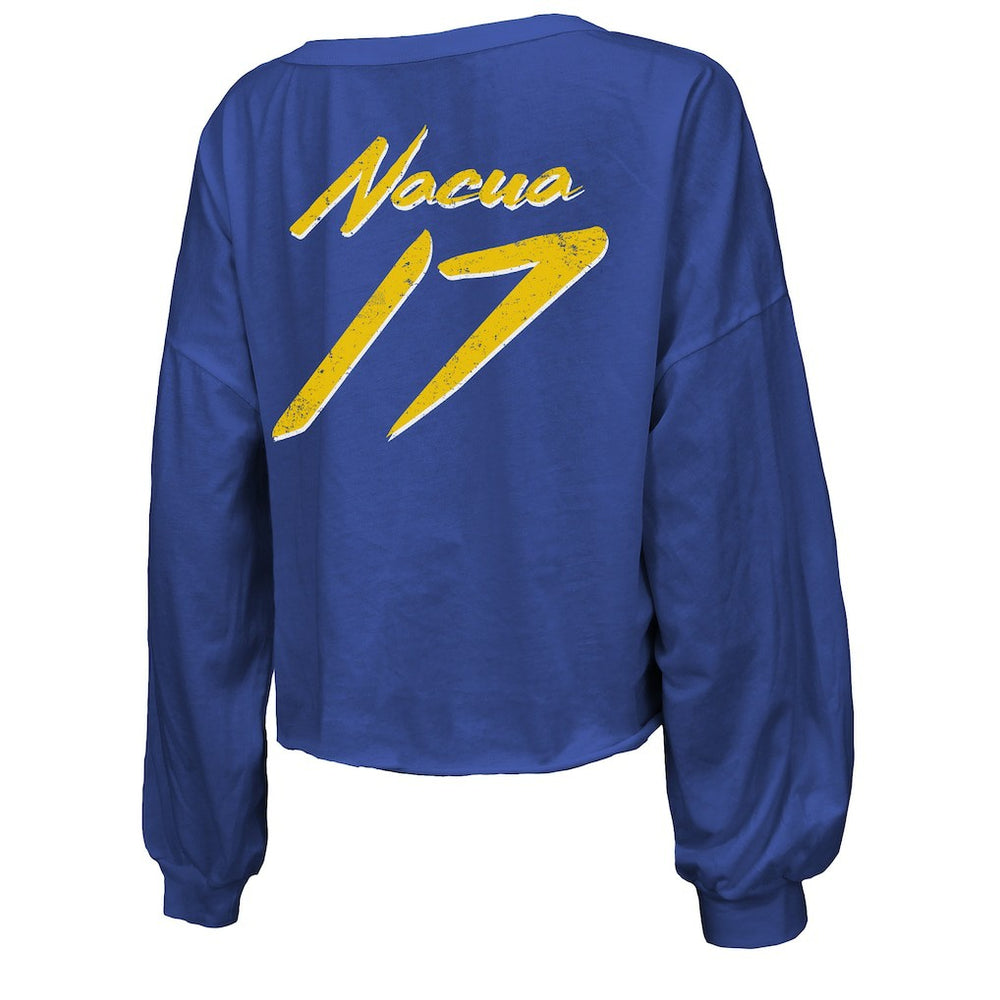 Puka Nacua Los Angeles Rams Majestic Threads Women's Off-Shoulder Script Player Name & Number Cropped Long Sleeve V-Neck T-Shirt - Royal T-shirts