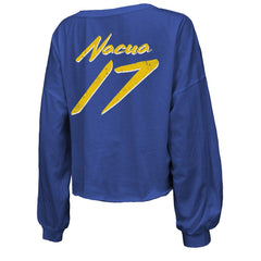 Puka Nacua Los Angeles Rams Majestic Threads Women's Off-Shoulder Script Player Name & Number Cropped Long Sleeve V-Neck T-Shirt - Royal T-shirts