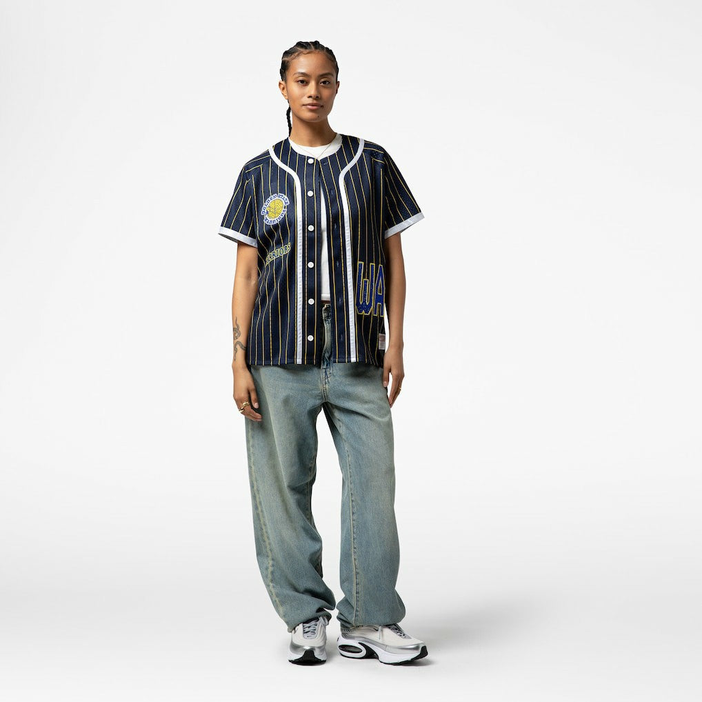 Golden State Warriors x DANNIJO Women's Fashion Baseball Jersey Blue - Mitchell & Ness