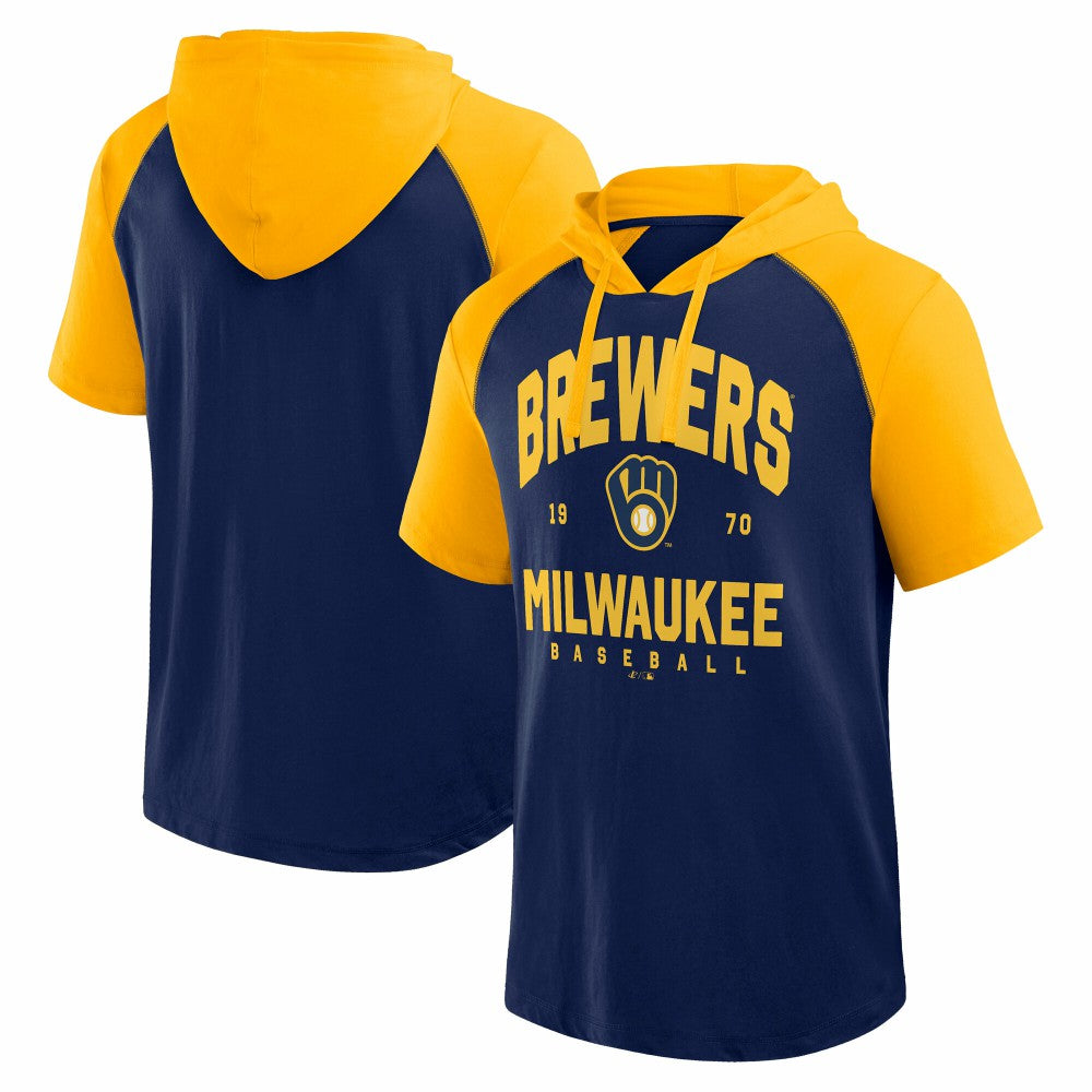 Milwaukee Brewers Logo Athletic Prime Raglan Short Sleeve Hoodie T-Shirt - Navy Hoodies