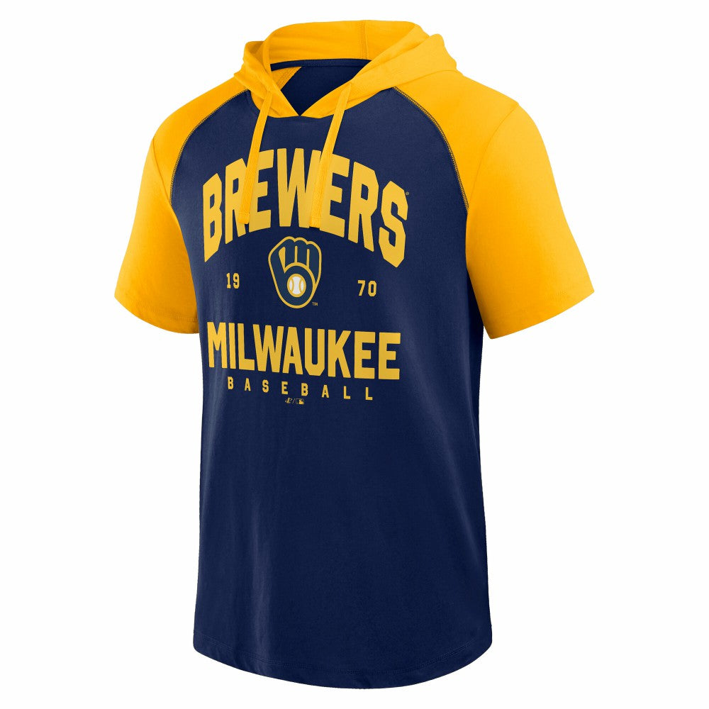 Milwaukee Brewers Logo Athletic Prime Raglan Short Sleeve Hoodie T-Shirt - Navy Hoodies