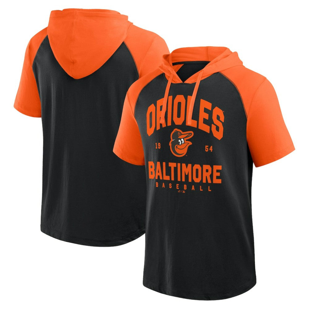 Baltimore Orioles Logo Athletic Prime Raglan Short Sleeve Hoodie T-Shirt - Black Hoodies