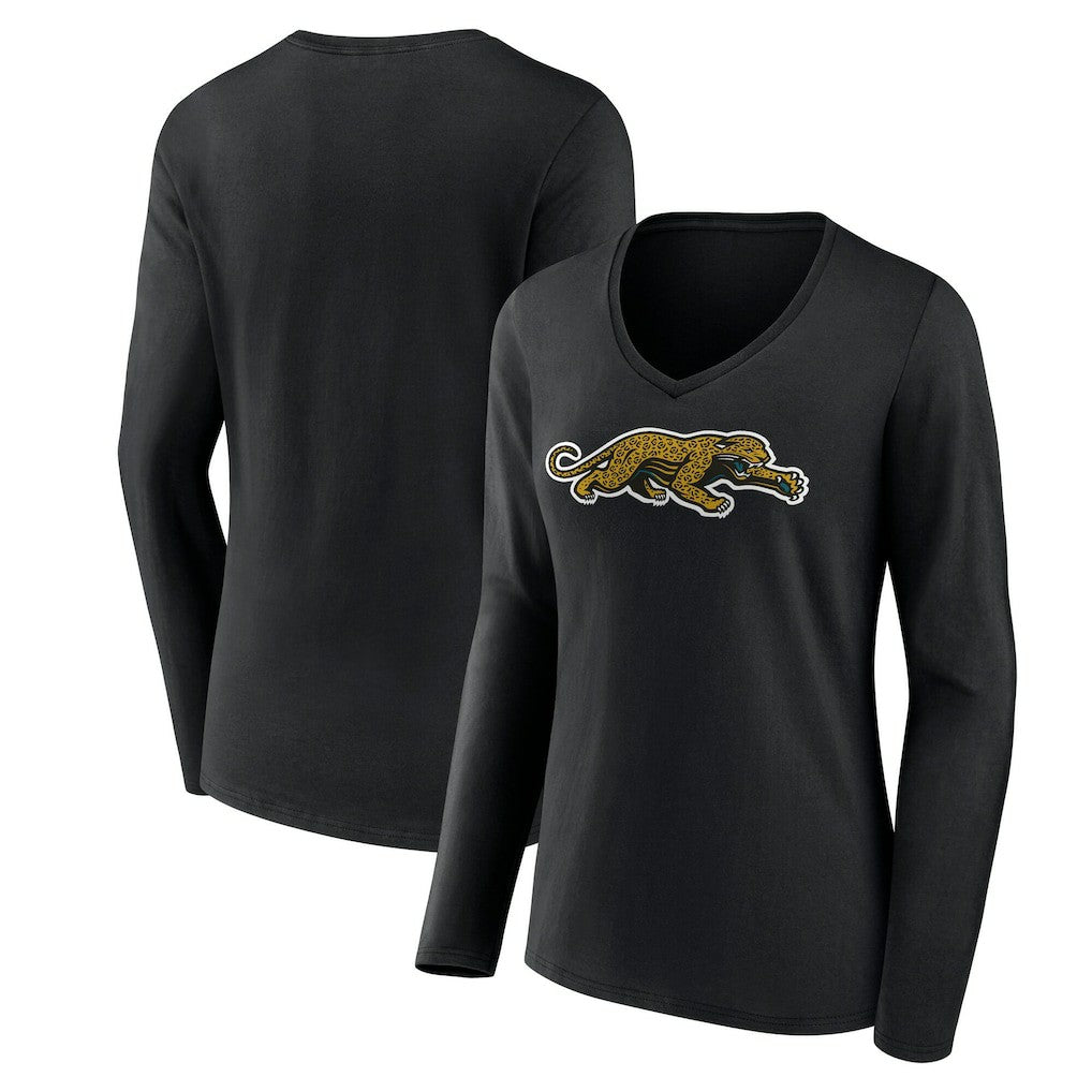 Jacksonville Jaguars Women's Classic Logo Long Sleeve V-Neck T-Shirt - Black T-shirts