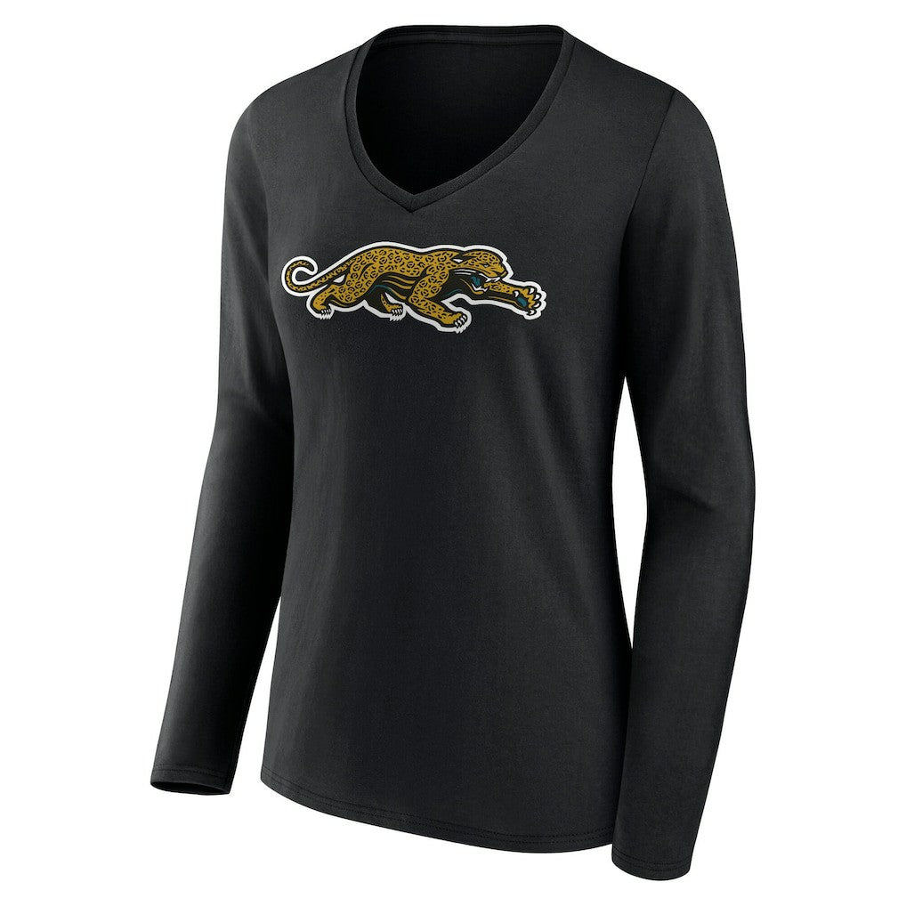 Jacksonville Jaguars Women's Classic Logo Long Sleeve V-Neck T-Shirt - Black T-shirts