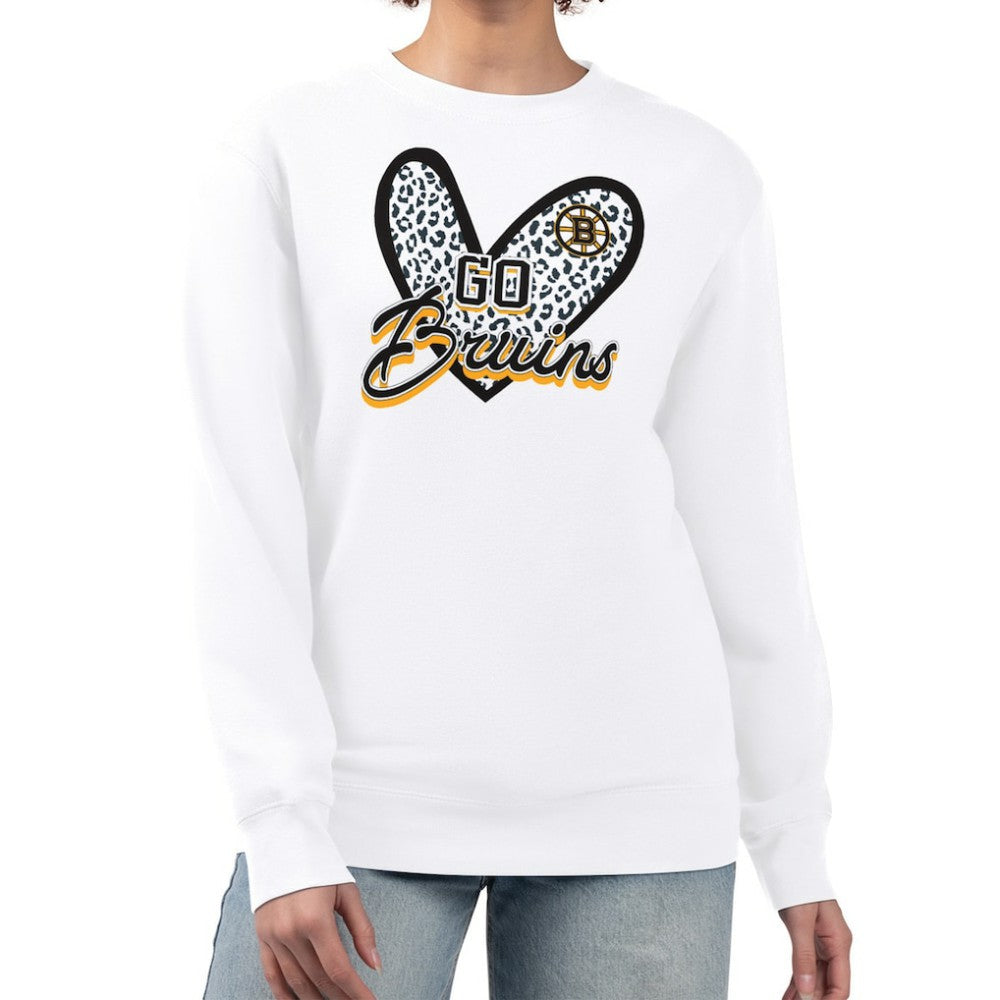 Boston Bruins G-III 4Her by Carl Banks Women's Animal Print Heart Fleece Pullover Sweatshirt - White | US 202213913