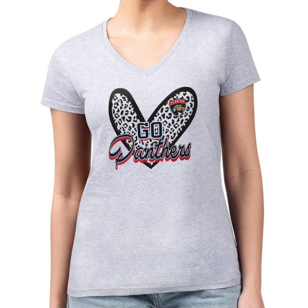 Florida Panthers G-III 4Her by Carl Banks Women's Super-Slim Fit Lightweight Animal Print Heart V-Neck T-Shirt - Heather Gray | US 202214165