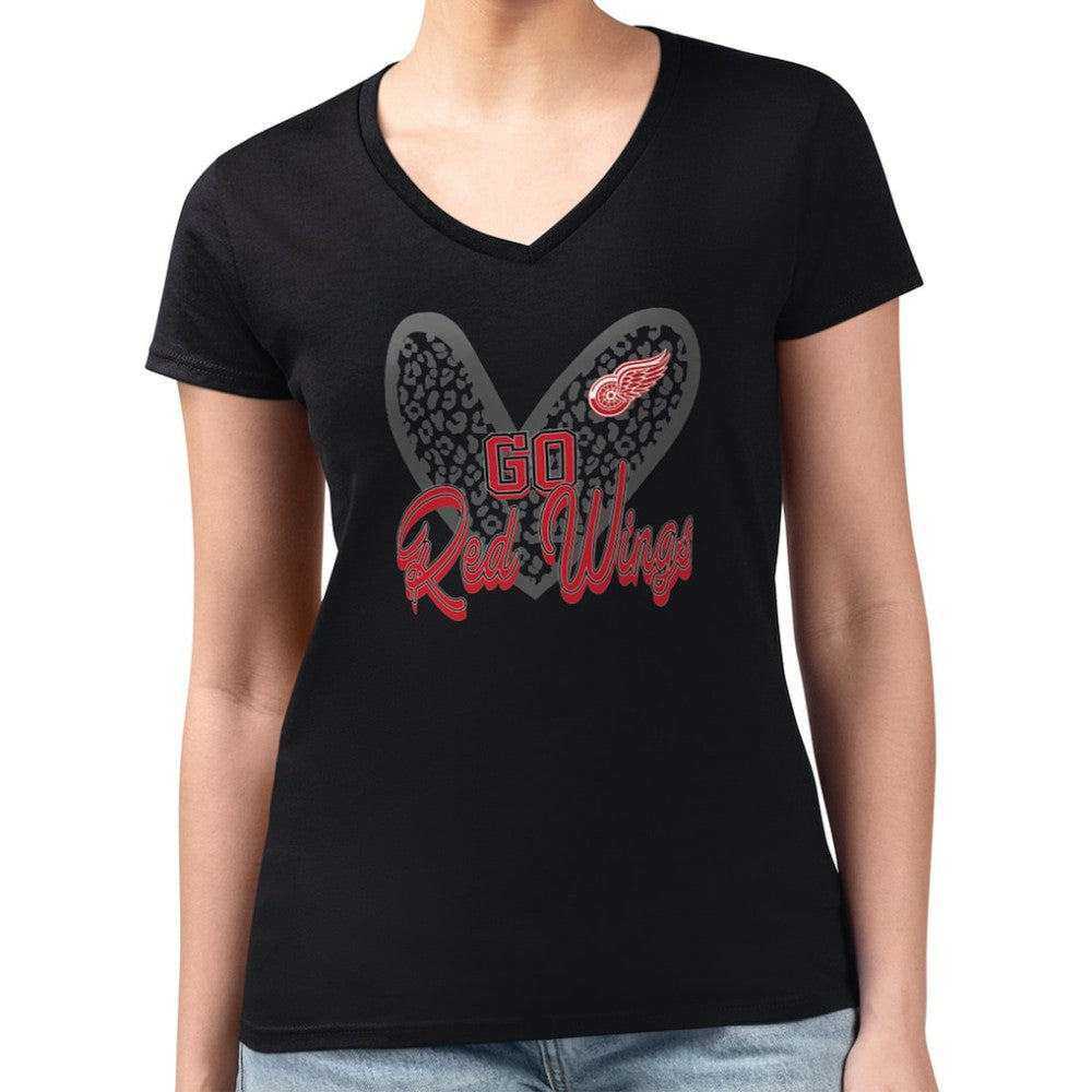 Detroit Red Wings G-III 4Her by Carl Banks Women's Super-Slim Fit Lightweight Animal Print Heart V-Neck T-Shirt - Black | US 202214176
