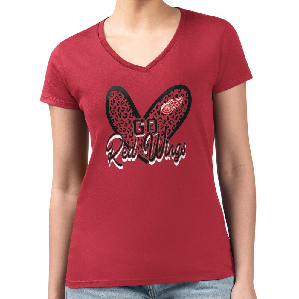 Detroit Red Wings G-III 4Her by Carl Banks Women's Super-Slim Fit Lightweight Animal Print Heart V-Neck T-Shirt - Red | US 202214219