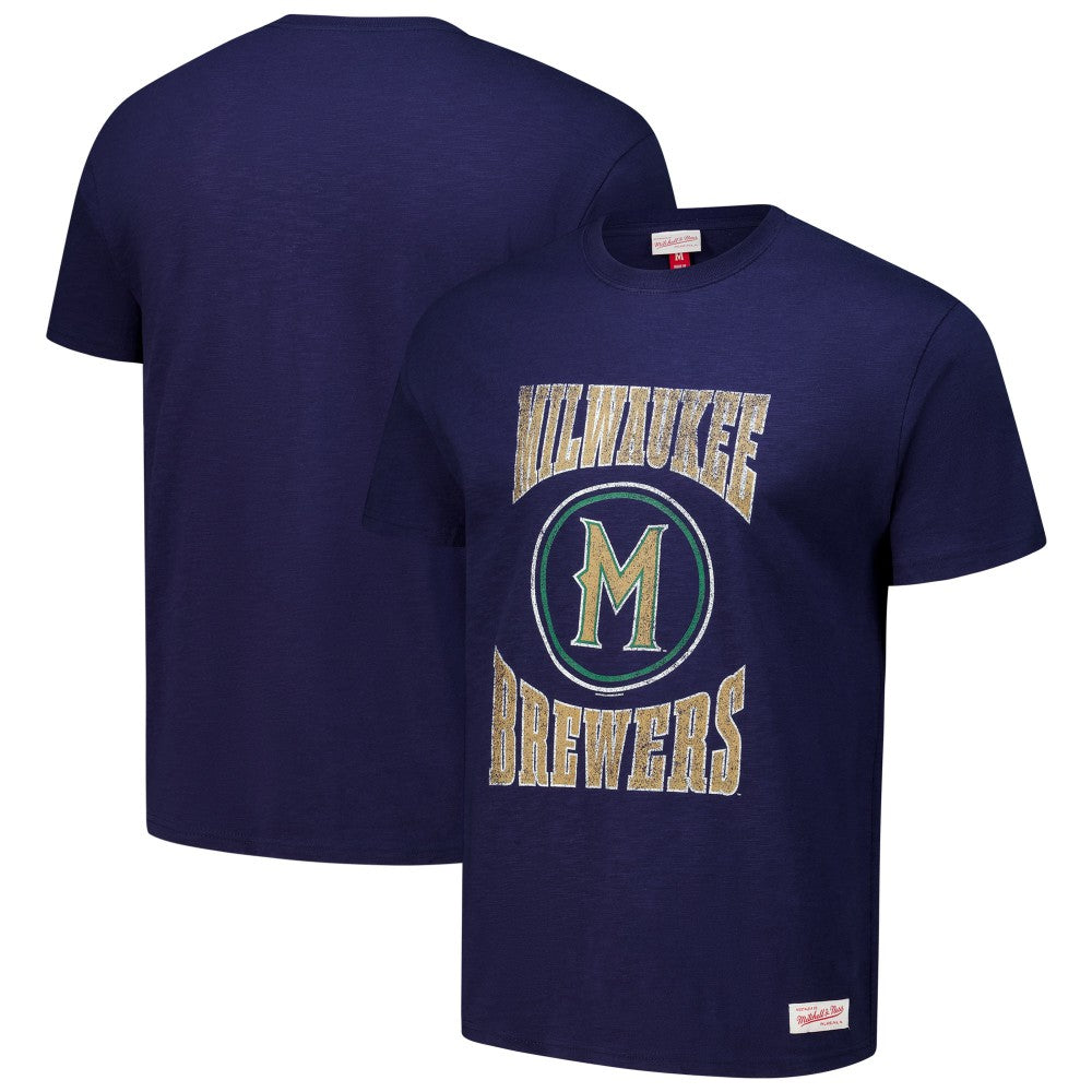 Milwaukee Brewers Mitchell & Ness Arched Logo Slub T-Shirt - Navy T-shirts