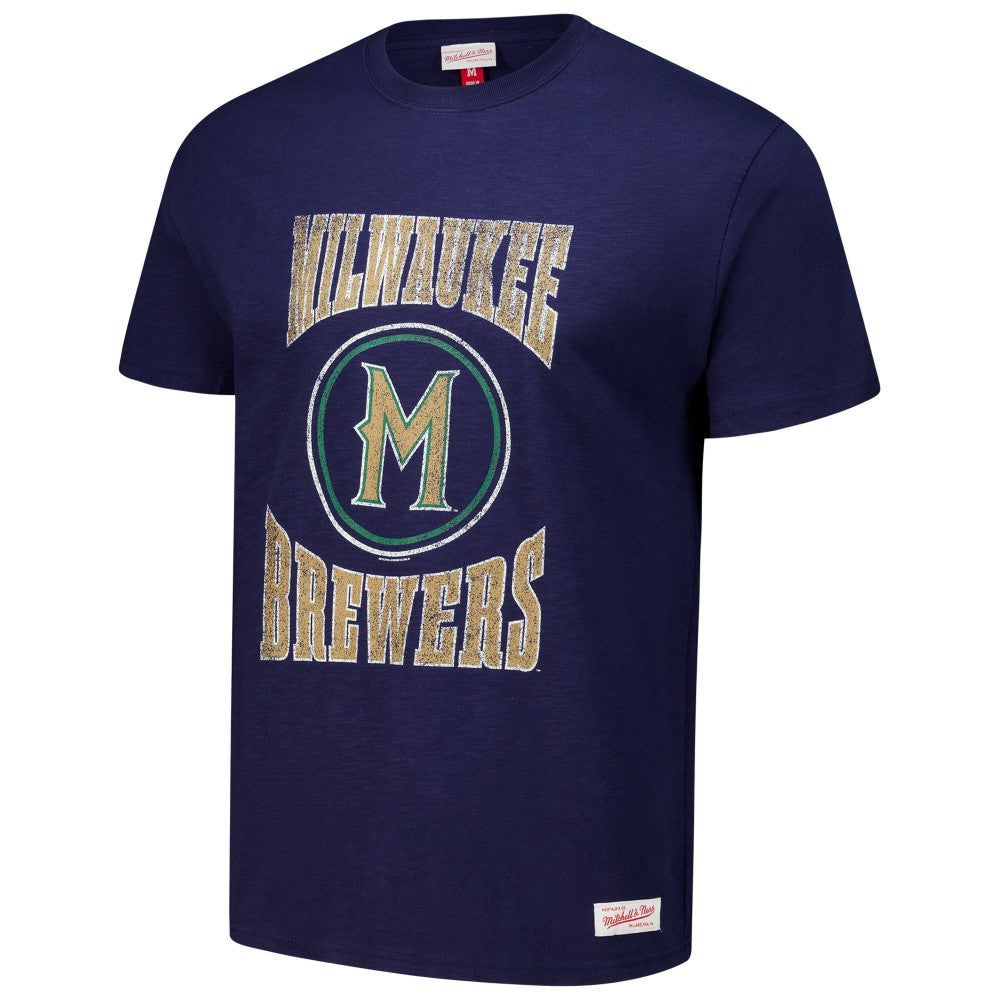 Milwaukee Brewers Mitchell & Ness Arched Logo Slub T-Shirt - Navy T-shirts