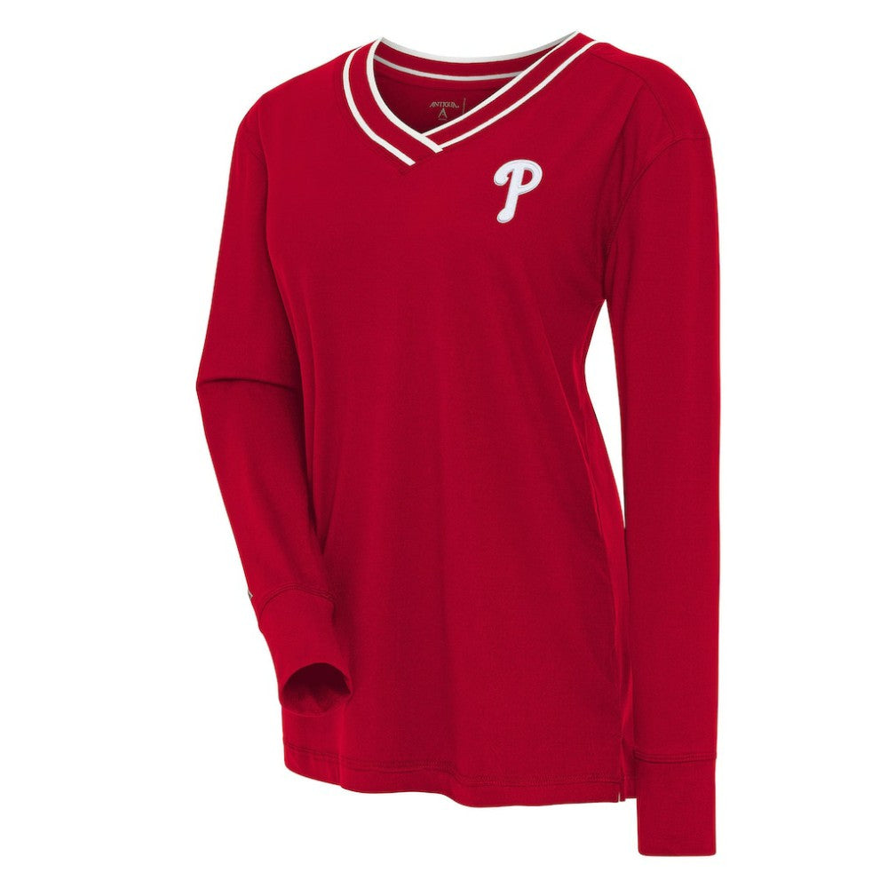Philadelphia Phillies Antigua Women's Symbolic Long Sleeve V-Neck Top - Red Tops