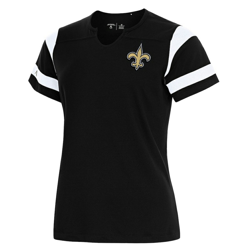 New Orleans Saints Antigua Women's Encounter Short Sleeve Notch Neck Top - Black Tops