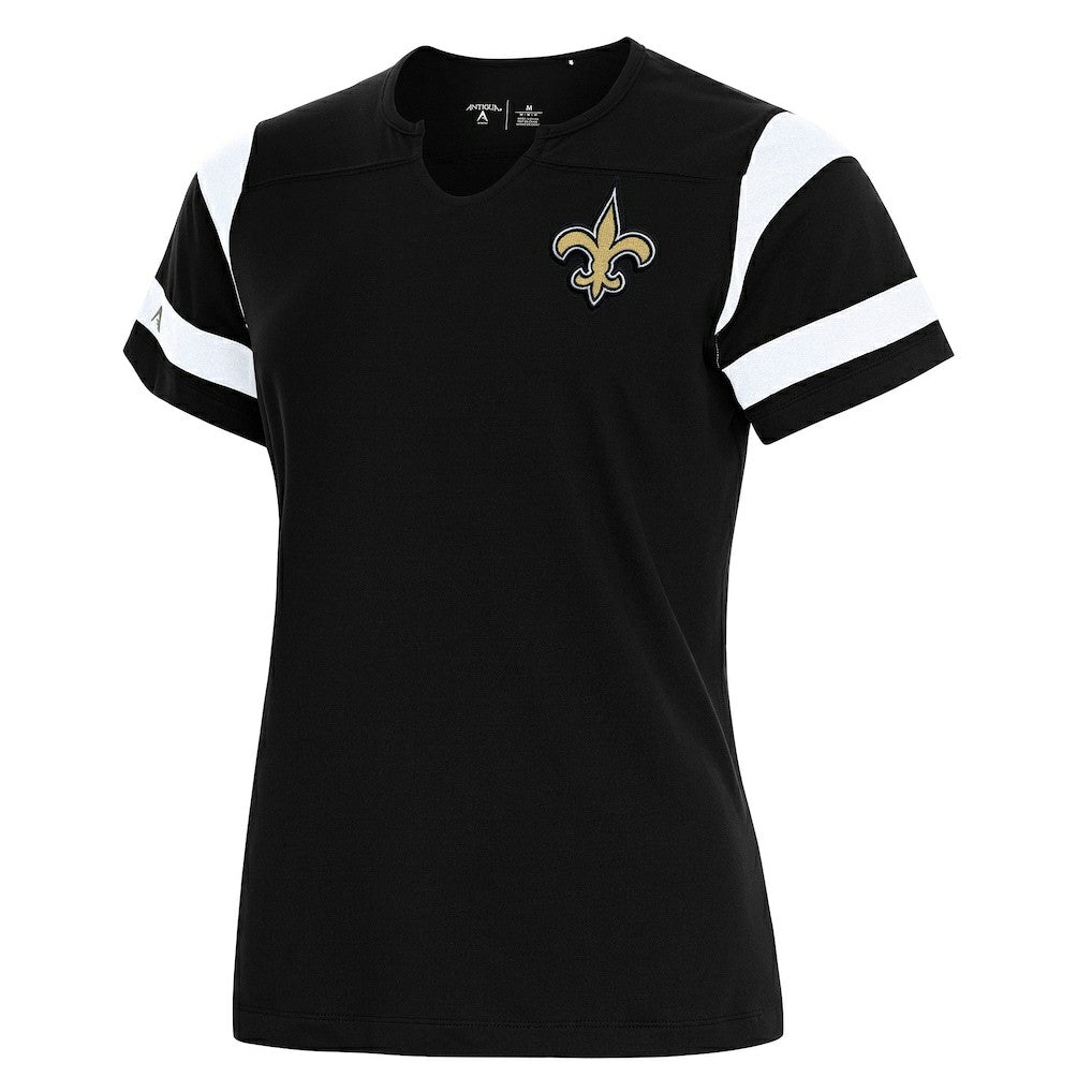 New Orleans Saints Antigua Women's Encounter Short Sleeve Notch Neck Top - Black Tops