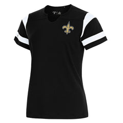 New Orleans Saints Antigua Women's Encounter Short Sleeve Notch Neck Top - Black Tops