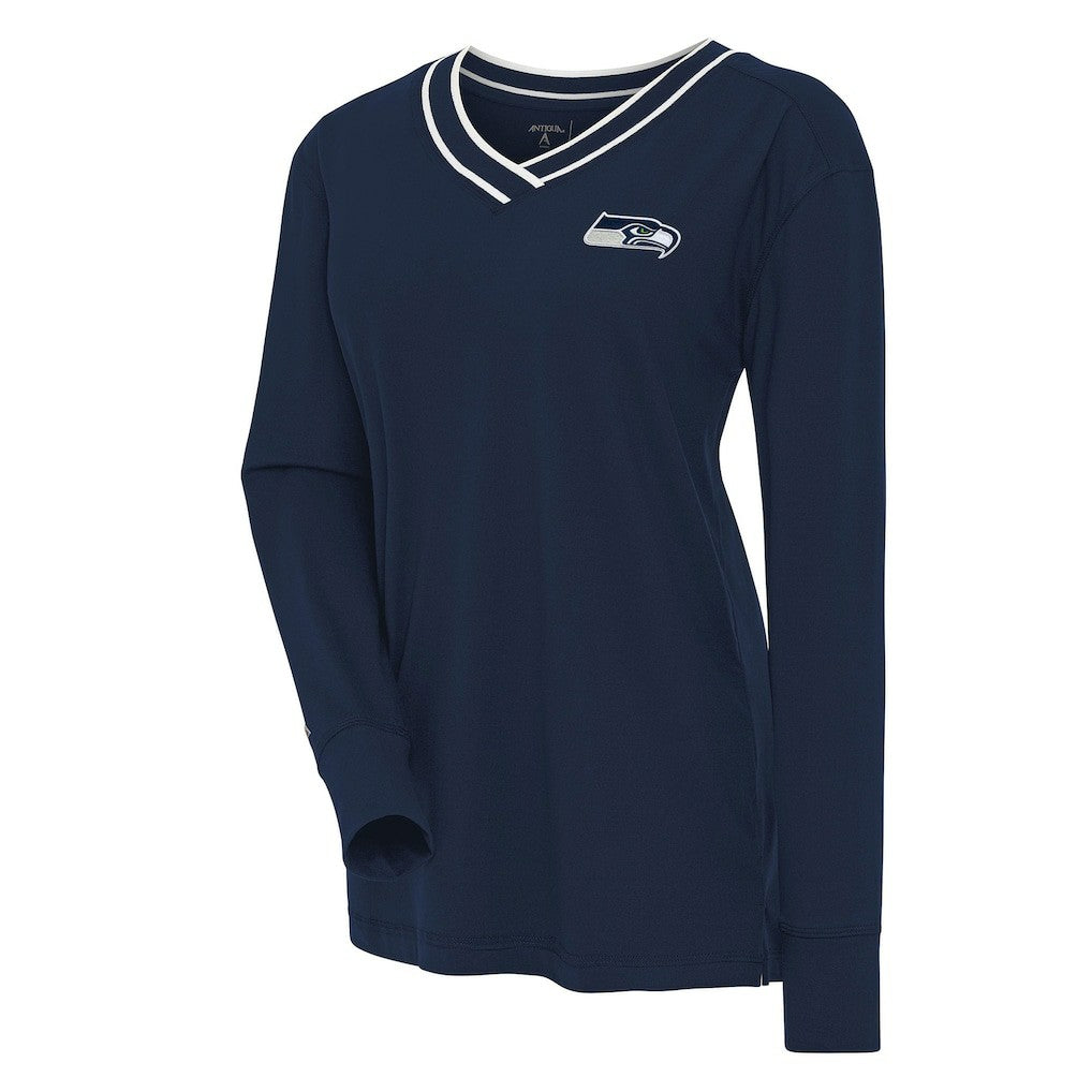 Seattle Seahawks Antigua Women's Symbolic Long Sleeve V-Neck Top - Navy Tops