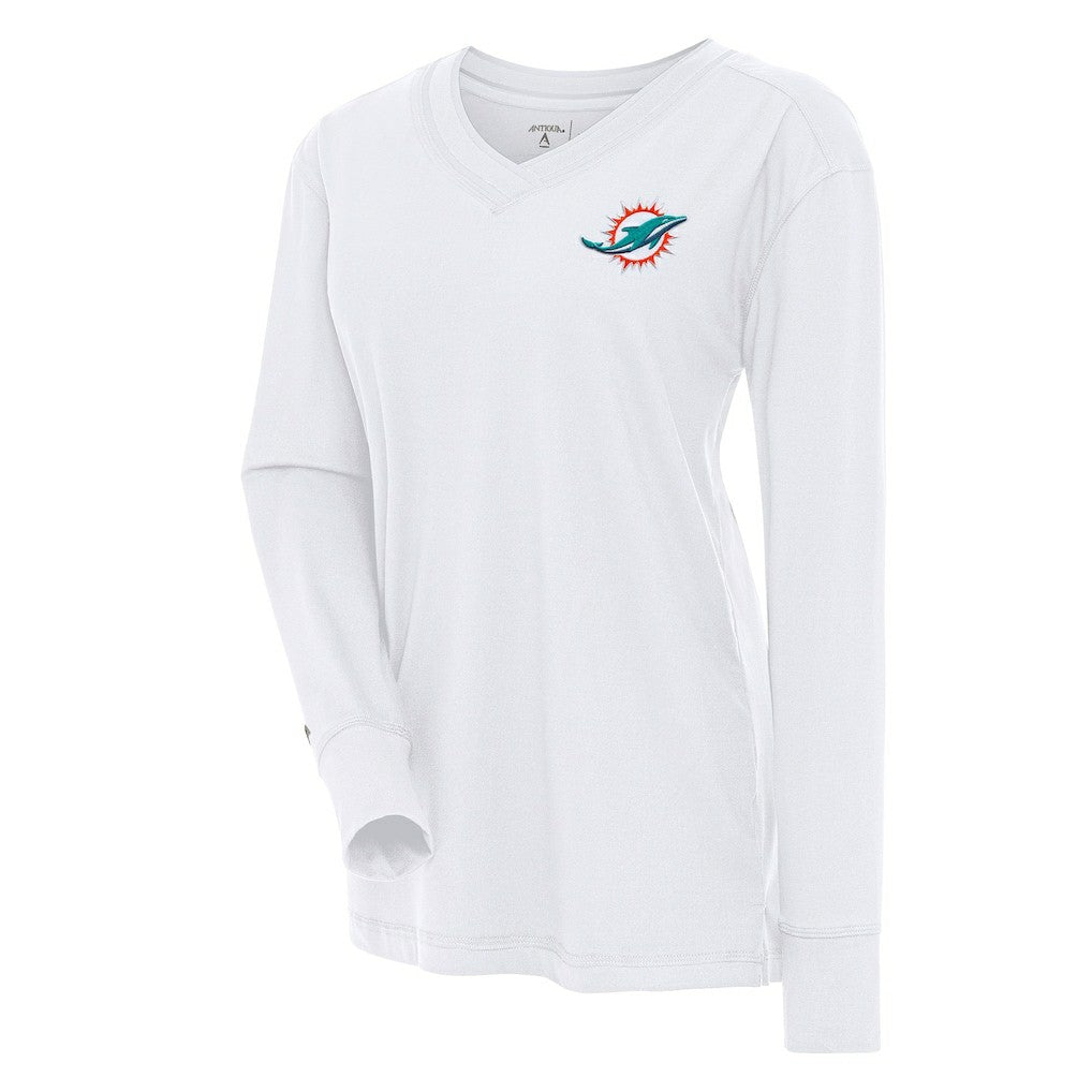 Miami Dolphins Antigua Women's Symbolic Long Sleeve V-Neck Top - White Tops