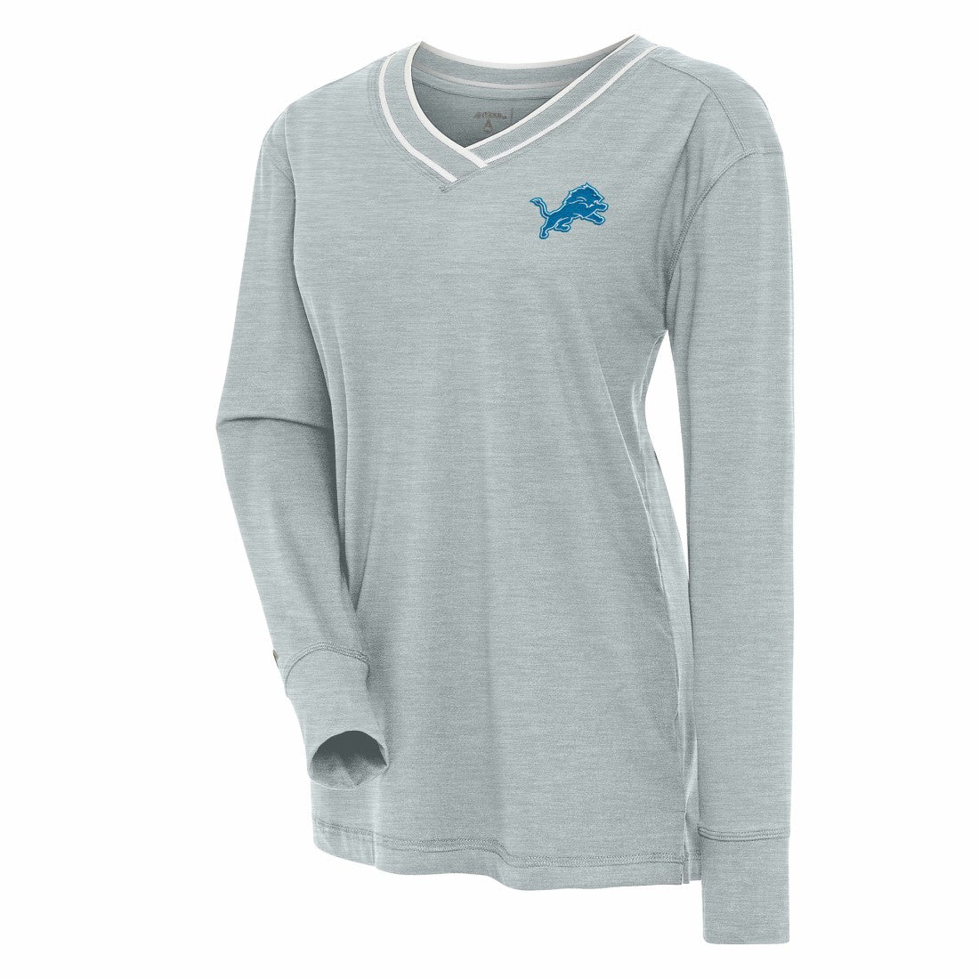 Detroit Lions Antigua Women's Symbolic Long Sleeve V-Neck Top - Heather Gray Tops