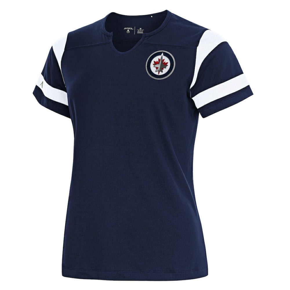 Winnipeg Jets Antigua Women's Encounter Short Sleeve Notch Neck Top - Navy | US 202229490