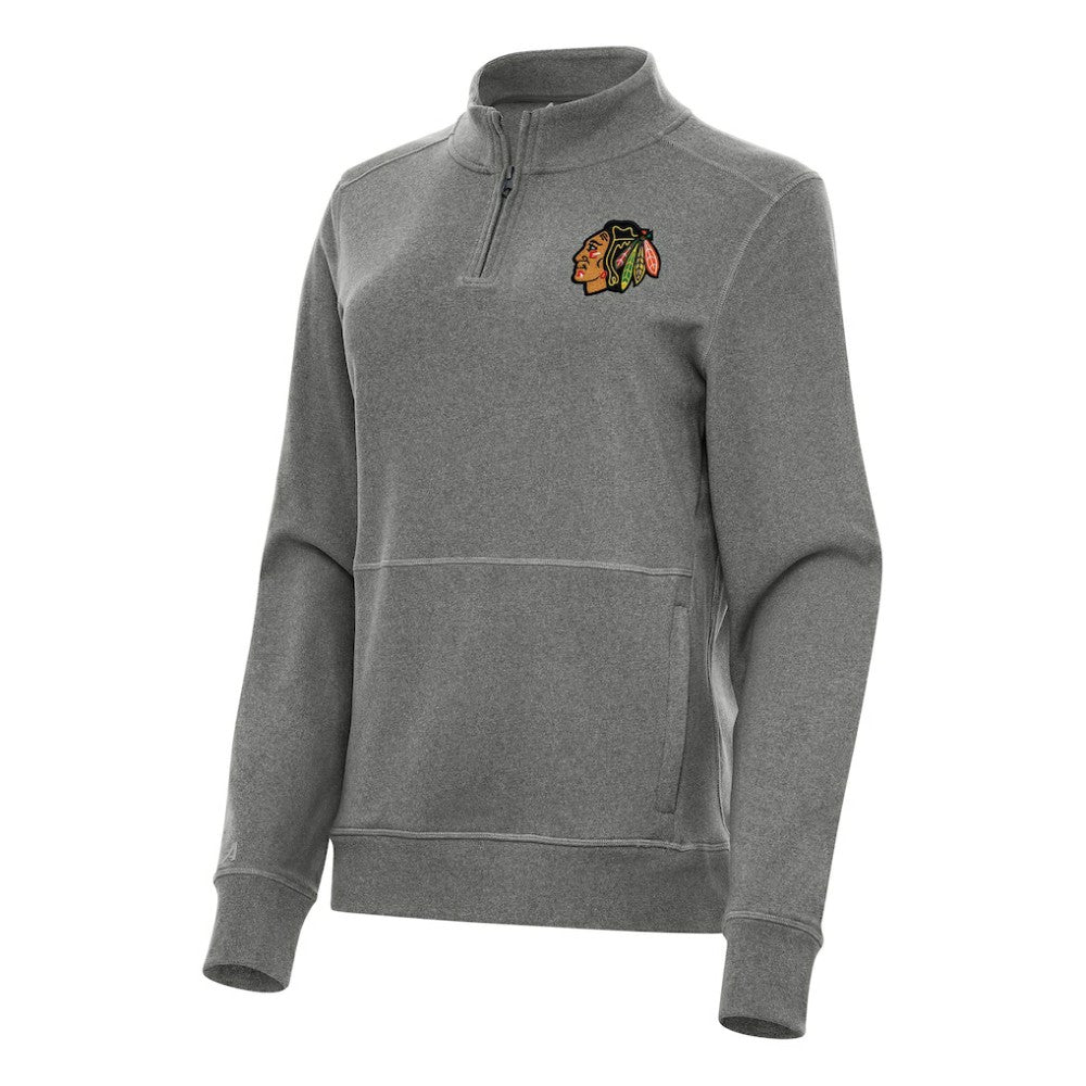 Chicago Blackhawks Antigua Women's Crush Quarter-Zip Fleece Sweatshirt - Heather Black | US 202233806