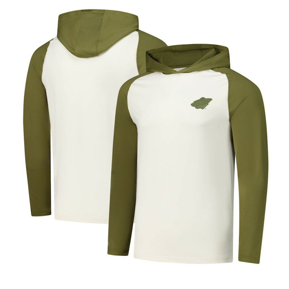 Minnesota Wild Antigua Intrepid Sand Raglan Long Sleeve Hoodie T-Shirt - Cream/Olive | US 202253444