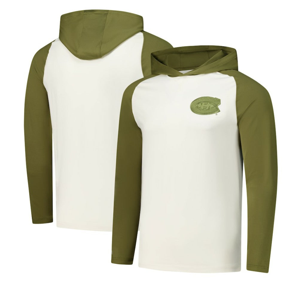 Montreal Canadiens Antigua Intrepid Sand Raglan Long Sleeve Hoodie T-Shirt - Cream/Olive | US 202253445