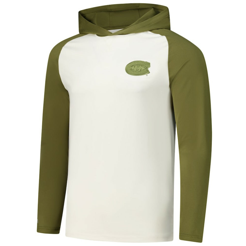 Montreal Canadiens Antigua Intrepid Sand Raglan Long Sleeve Hoodie T-Shirt - Cream/Olive | US 202253445