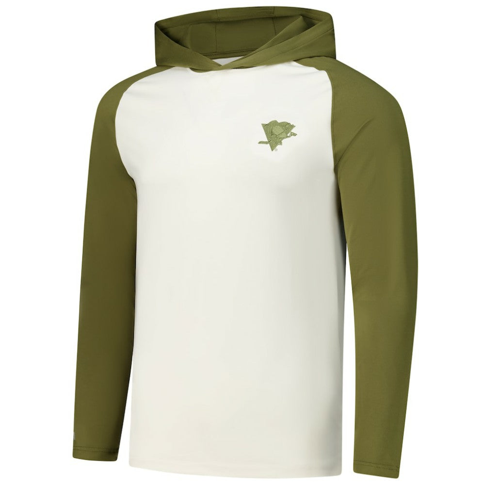 Pittsburgh Penguins Antigua Intrepid Sand Raglan Long Sleeve Hoodie T-Shirt - Cream/Olive | US 202253452