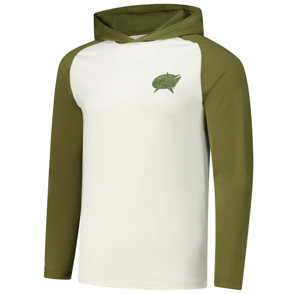 Columbus Blue Jackets Antigua Intrepid Sand Raglan Long Sleeve Hoodie T-Shirt - Cream/Olive | US 202253467