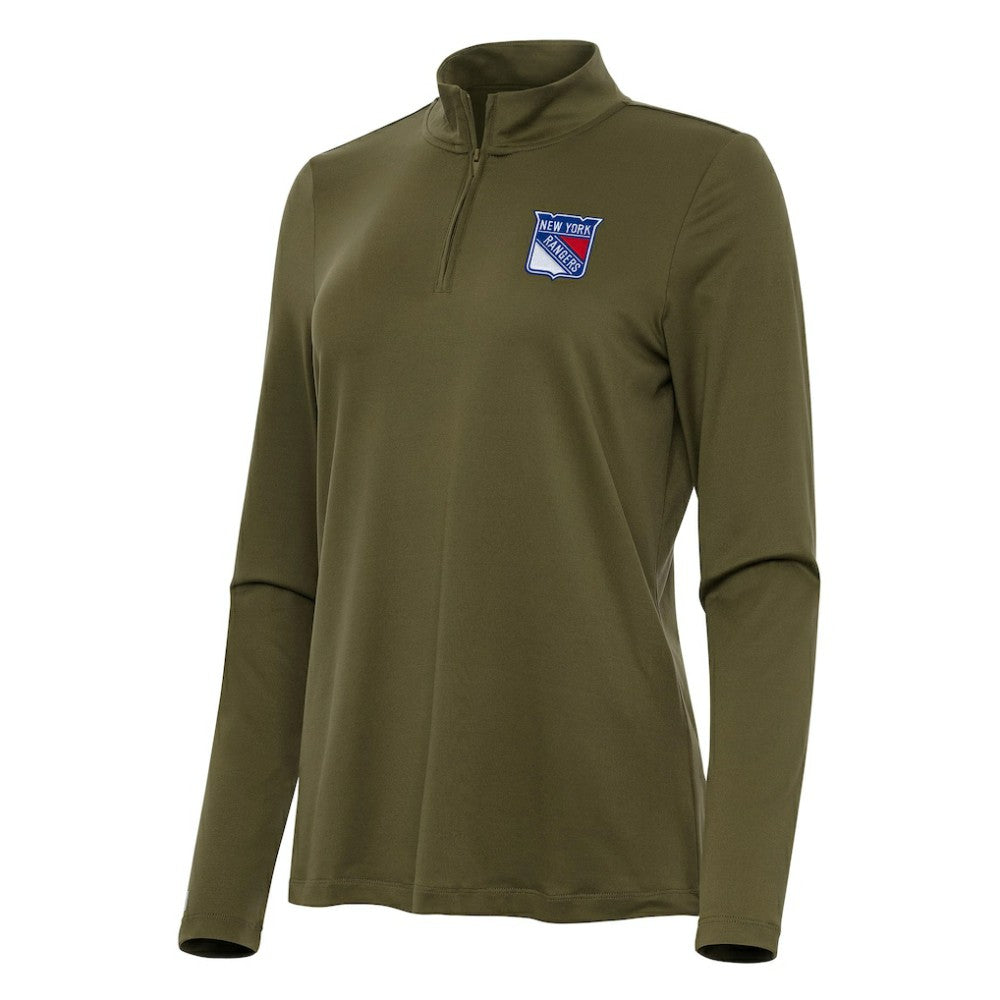 New York Rangers Antigua Women's Reprocess Quarter-Zip Top - Olive | US 202258002