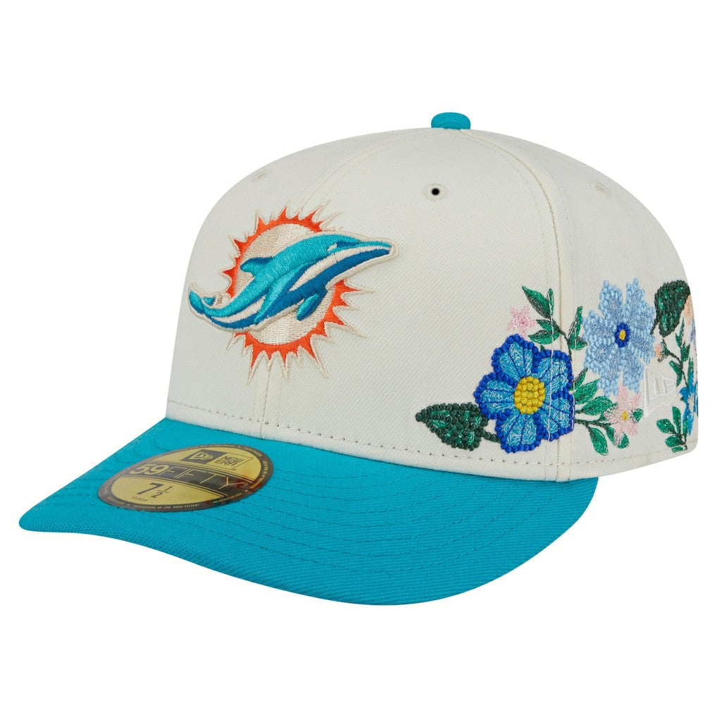 Miami Dolphins New Era Tonal Floral 59FIFTY Fitted Hat - Cream/Aqua Hats